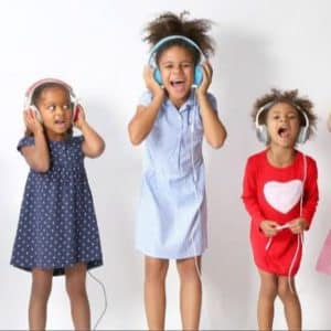 Three girls with earphones on - enjoy the sounds their listening to