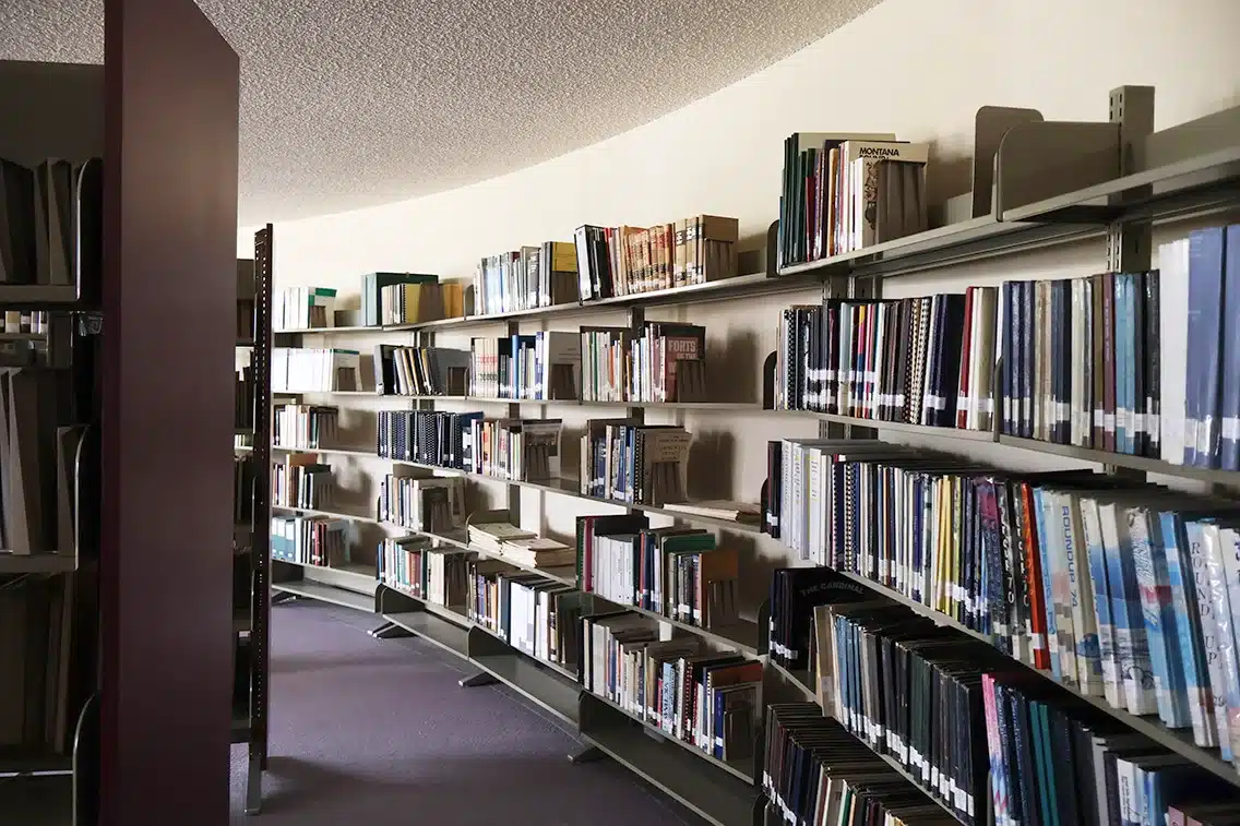 A wall of books in the Montana Room of the Great Falls Public Library