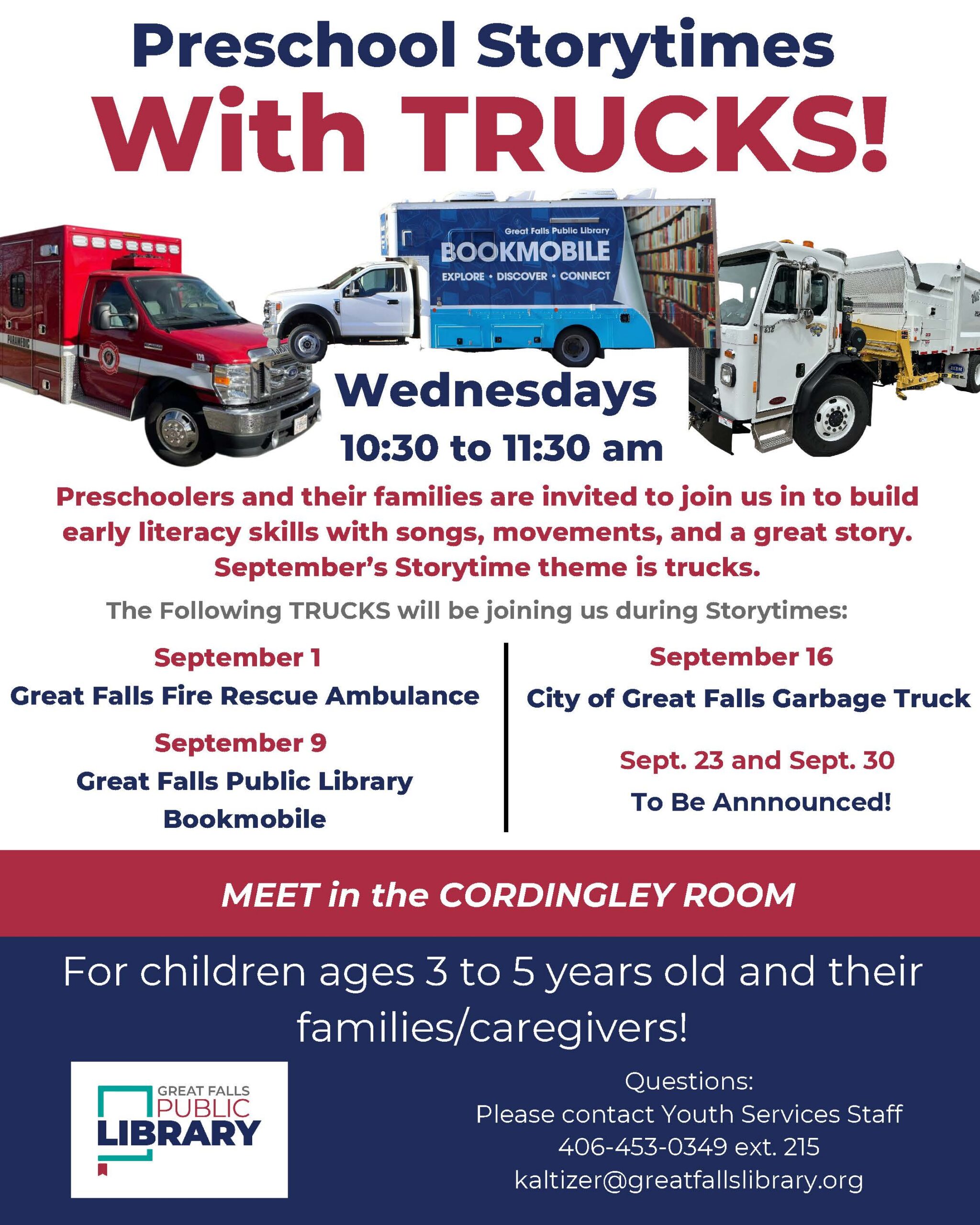 Preschool storytime with TRUCKS happens on Wednesdays in September, 2026.