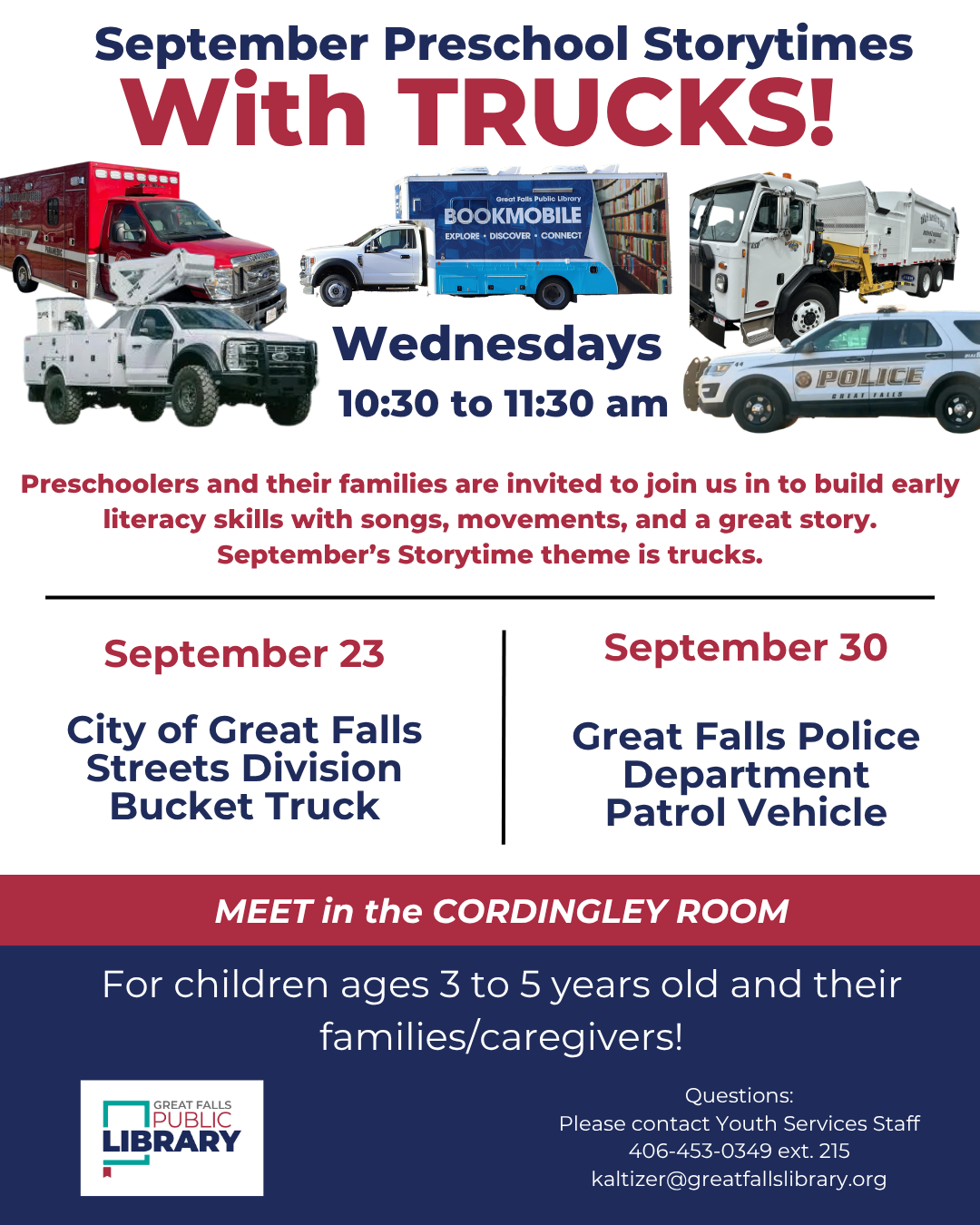 Trucks poster 2026 Preschool Storytime with Sept. 23 and Sept. 30 trucks listed.